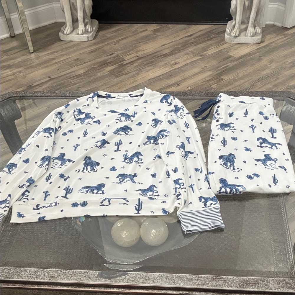 Womens Western Cowboy Pajama Set - Blue and White